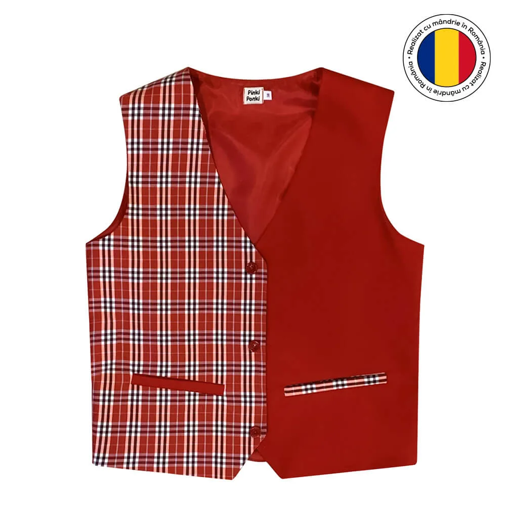 Vestă roșie cu carouri – design unicat, din două materiale